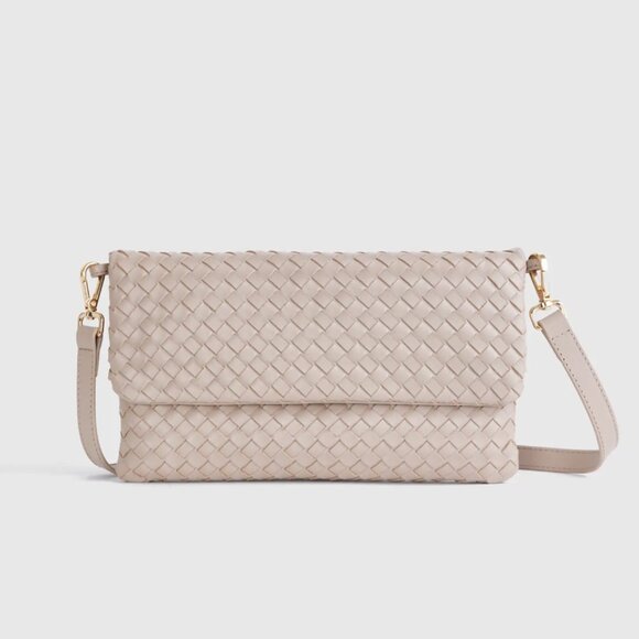 Quince Italian Leather Handwoven Foldover Clutch – Taupe – Convertible Crossbody - Picture 4 of 10
